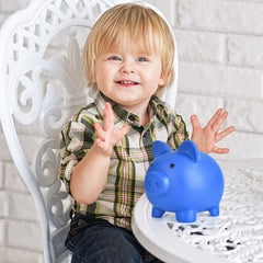 PJDRLLC Piggy Bank dark blue, side view, easy handling for young savers.