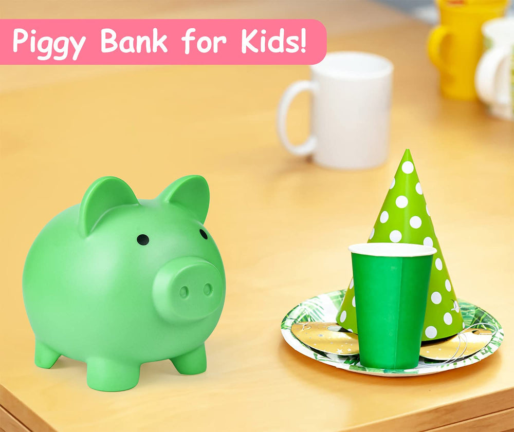 PJDRLLC piggy bank green body with kid-friendly design to encourage saving.