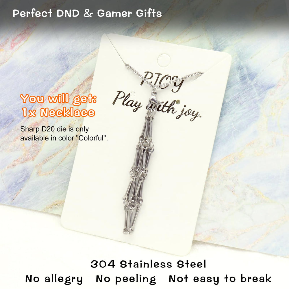 PJOY DND necklace shows dice cage inside, secure hold for standard and large D20s