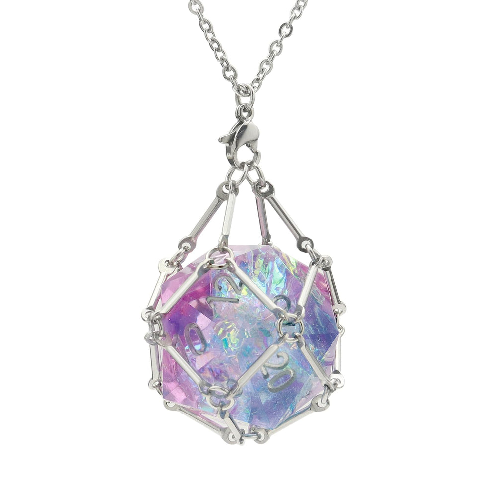 PJOY DND silver necklace with dice cage on display for secure D20 showcase