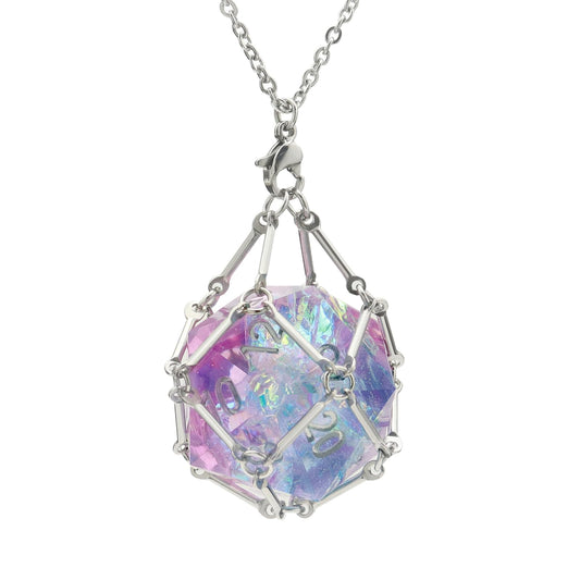 PJOY DND silver necklace with dice cage on display for secure D20 showcase