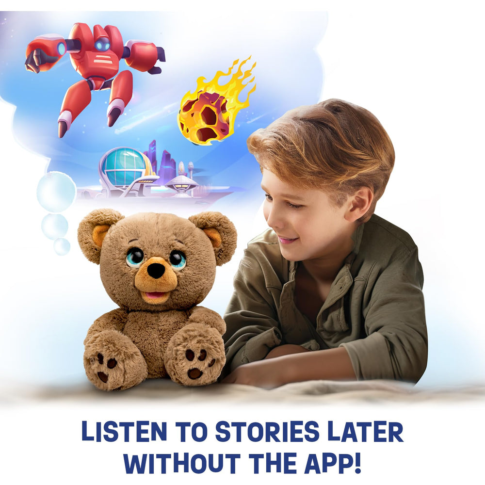 Poe The AI Story Bear listening with device offers flexible narration