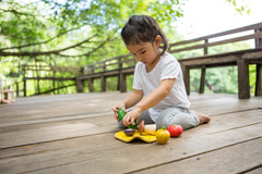 PlanToys wooden vegetables close-up, showcasing durable, eco-friendly materials for pretend play.