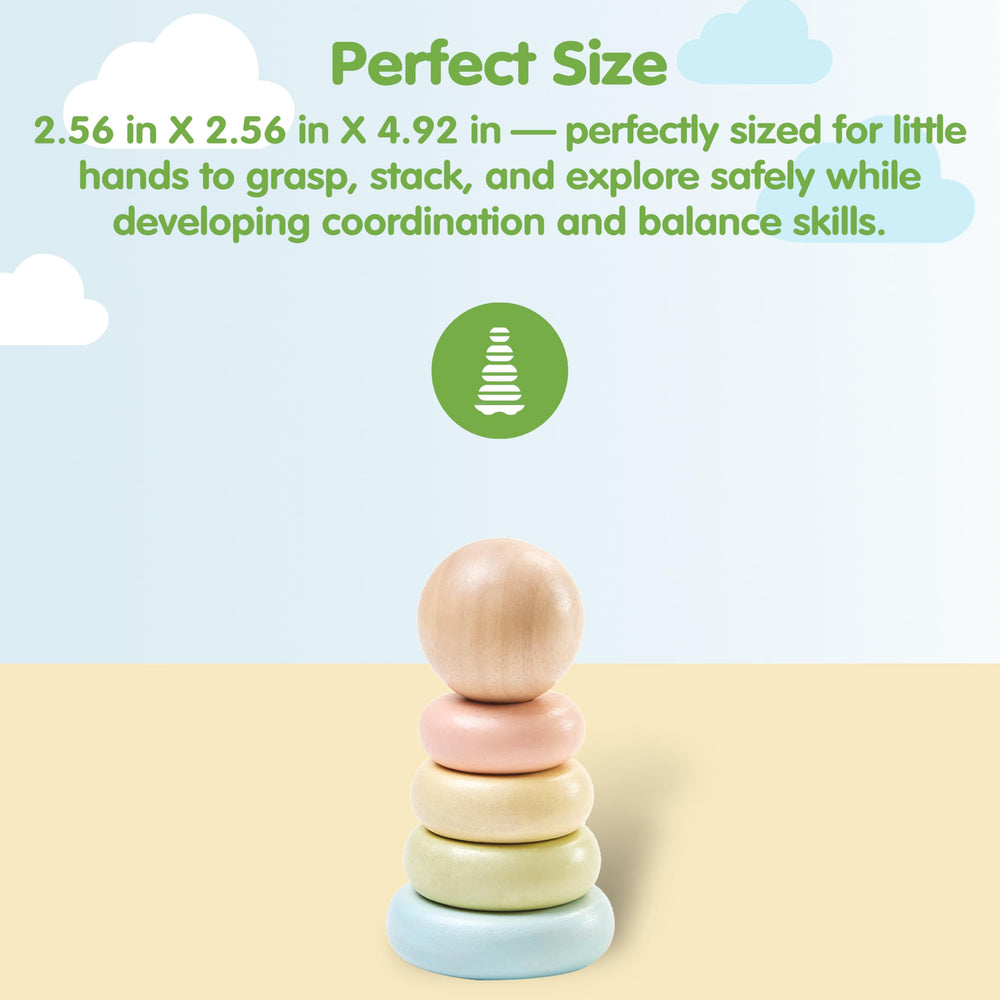 PlanToys First Stacking Ring showing rings ready to stack, encouraging sequencing and color recognition.