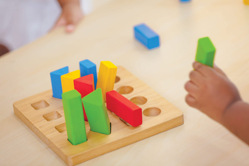 PlanToys Geometric Peg Board pegs aid precise finger control during shape matching