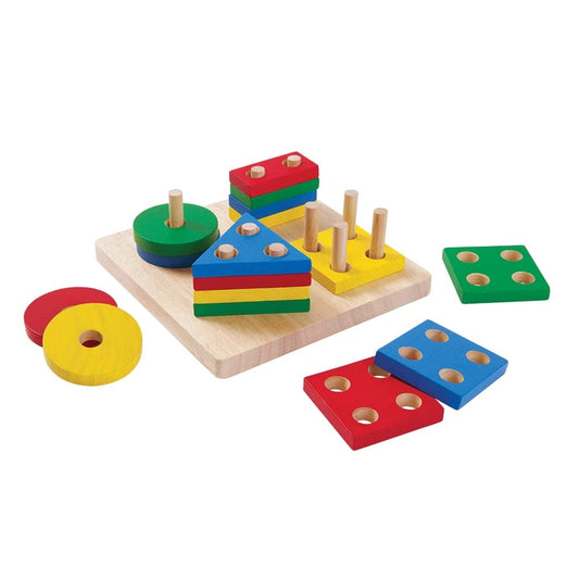 PlanToys Wooden Shape Sorter base with pegs, showing safe, sturdy construction for toddlers.