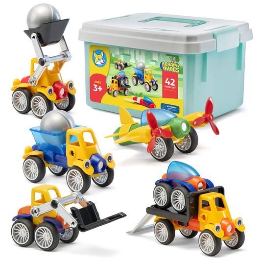 Play Brainy magnetic toy cars set close-up showing colorful pieces for creative play and skill building.