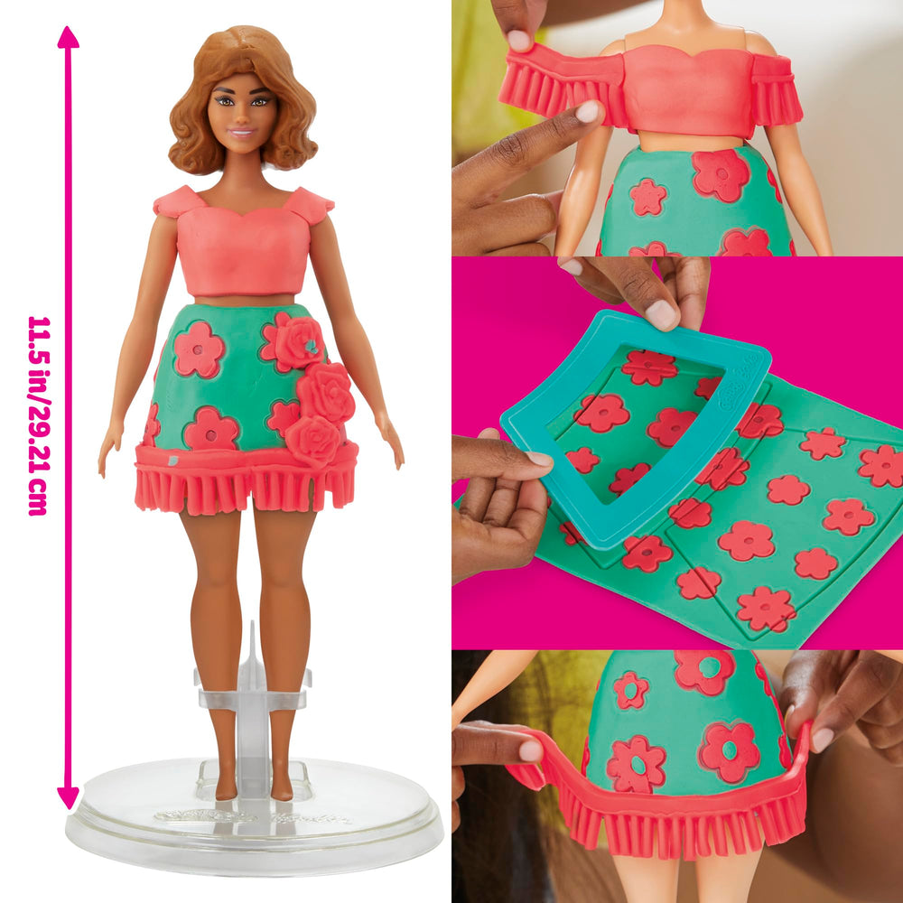 Play-Doh Barbie on stand ready for easy outfit customization during imaginative play.