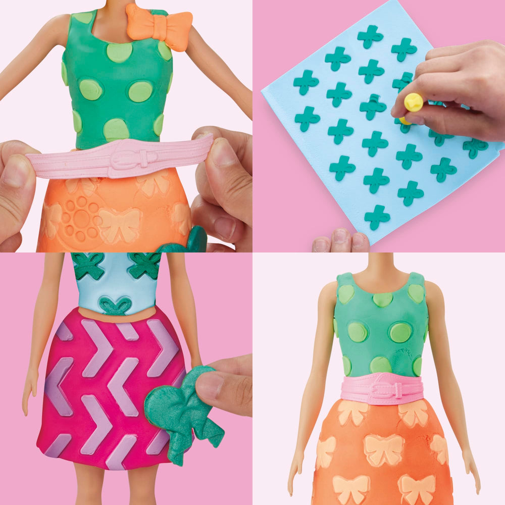 Pattern sheets show pretend fabric designs with Play-Doh for Barbie outfits