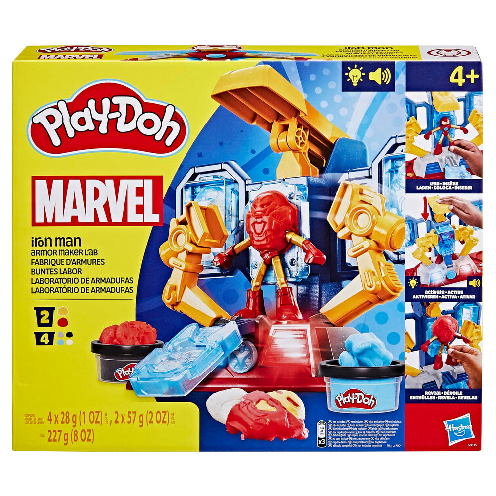 Play-Doh Iron Man armor with lights and sounds enhances immersive pretend play.