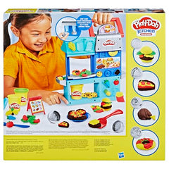 Play-Doh Kitchen Creations Busy Chef's Restaurant playset stamping action with burger stampers