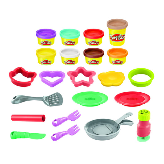 Play-Doh Kitchen Creations Flip 'n Pancakes front packaging invites imaginative pretend cooking.