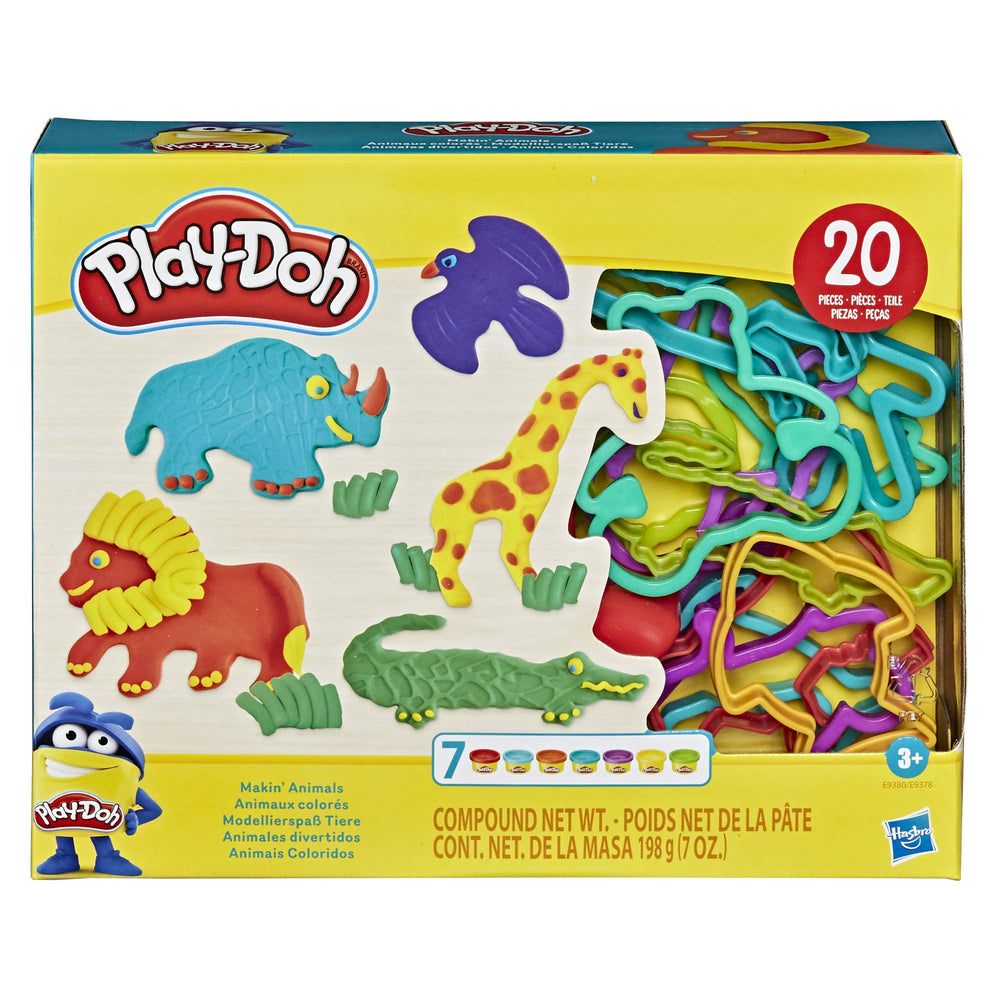 Play-Doh Makin' Animals kit featuring 15 animal cutters for creative play and fine motor fun.