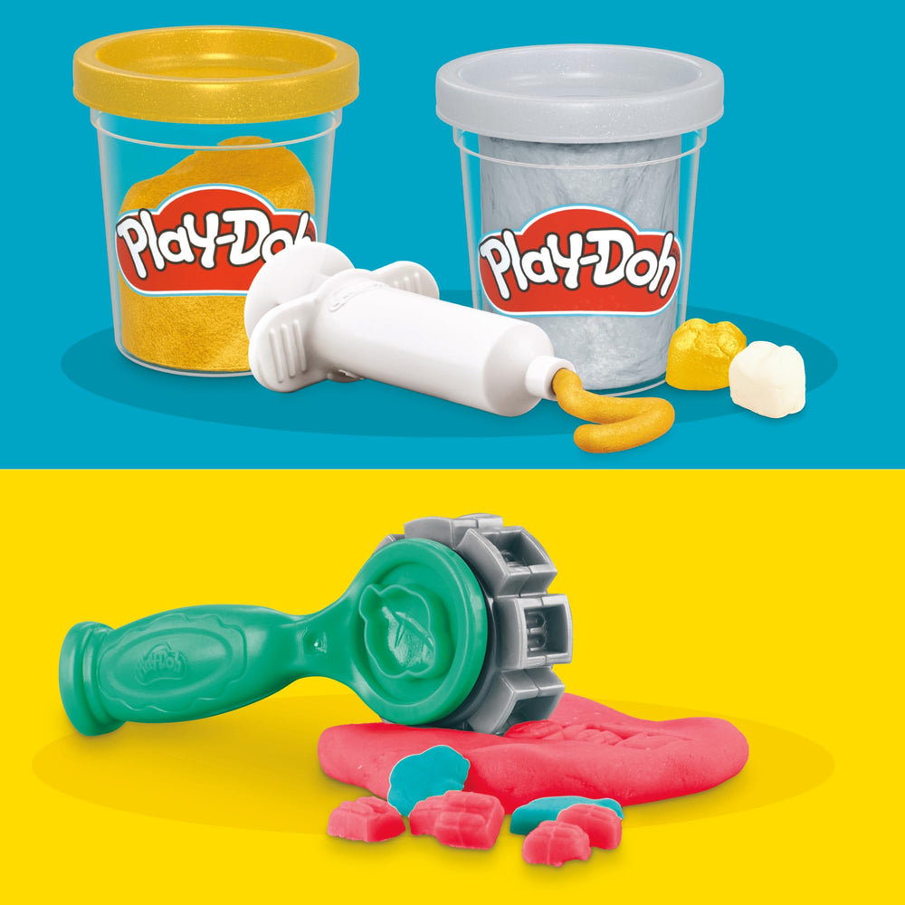 Play-Doh metallic silver and gold simulate braces and fillings for bright, kid-friendly pretend care.