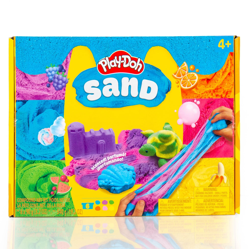 Play-Doh Sand 6-pack resealable cans neatly stored for easy access