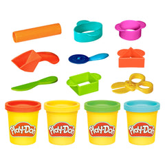 Play-Doh tools for cutting, stamping, and rolling colorful clay.