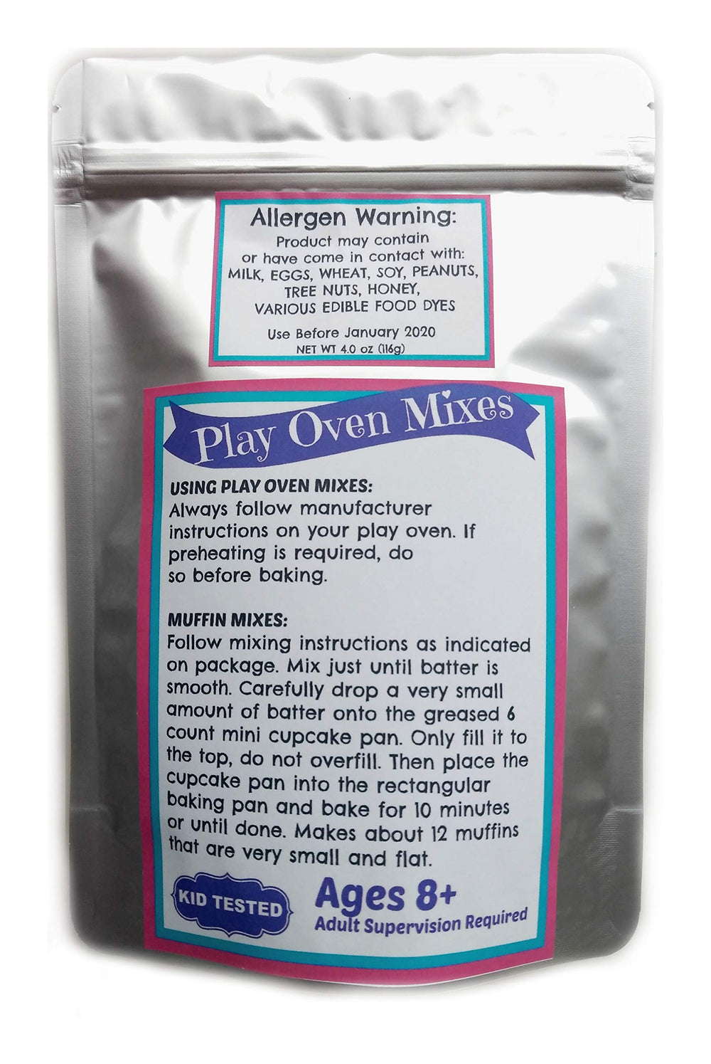 USA-made Play Oven Mixes refill kit showing four muffin mixes for family pretend baking