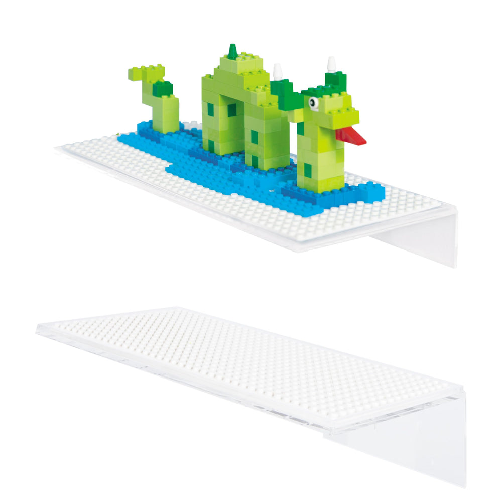 Play Platoon wall-mount display shelves highlighting bricks with clean, modern presentation