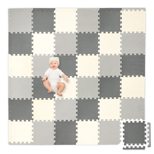 Play Platoon non-toxic foam puzzle floor mat tiles laid out for safe toddler play