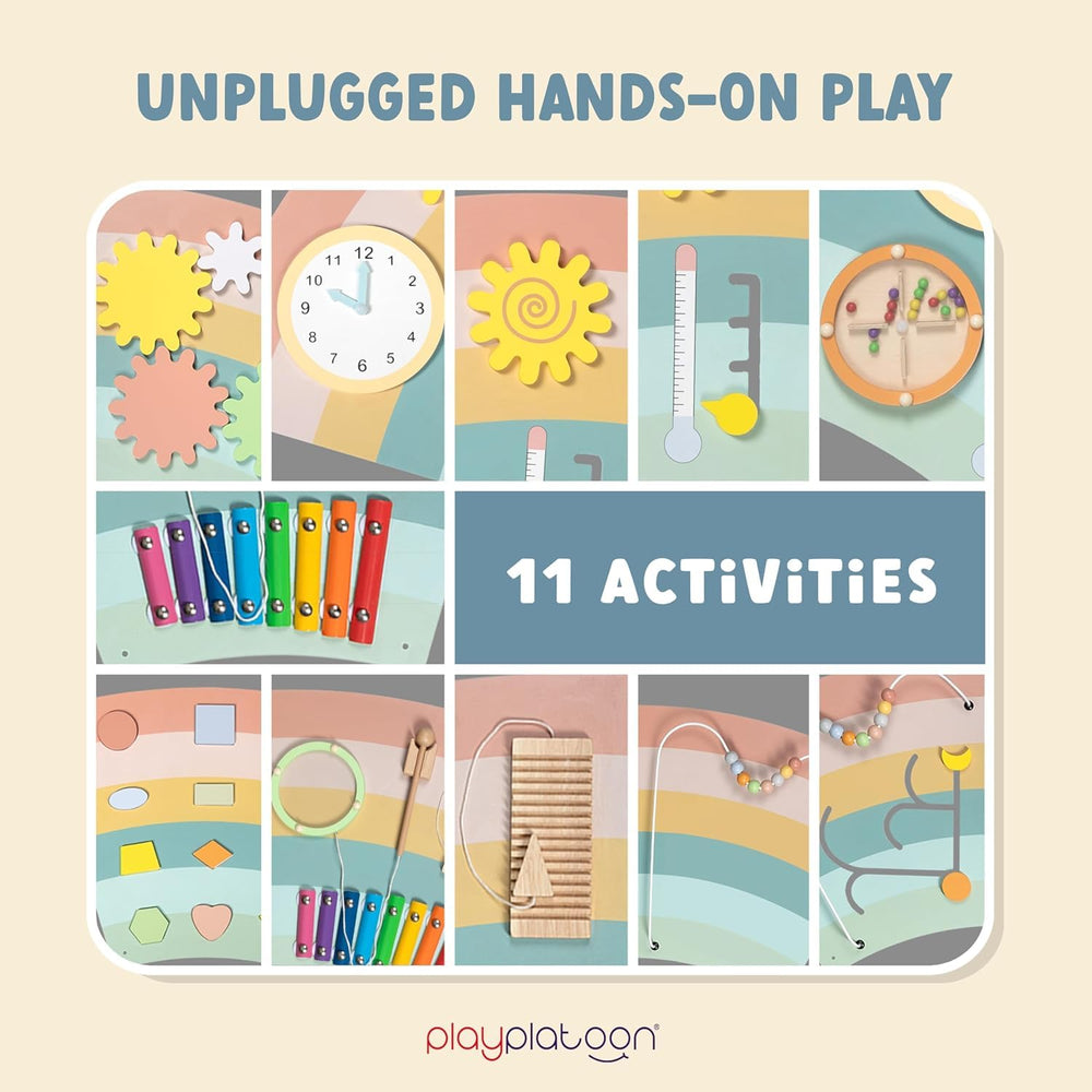 Montessori-inspired Play Platoon panel supports hands-on exploration and curiosity.