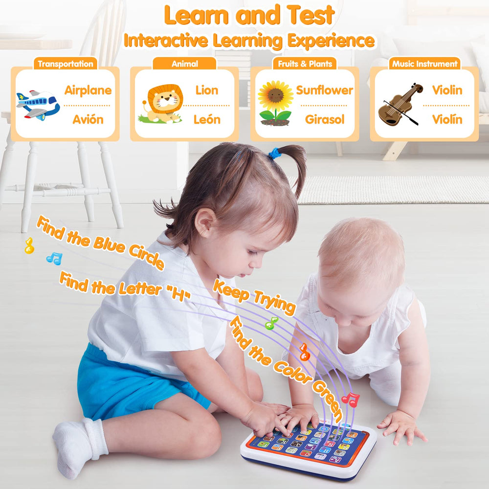 PLAY tablet English and Spanish quiz prompts quick recognition and memory.