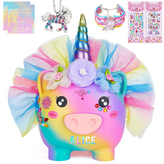 Play Tailor unicorn piggy bank with dress, a colorful decor piece for personalized savings