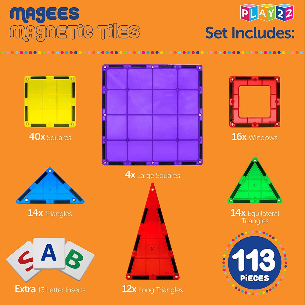 Play22 magnetic tiles window tiles enable open-frame structures and light-catching play.