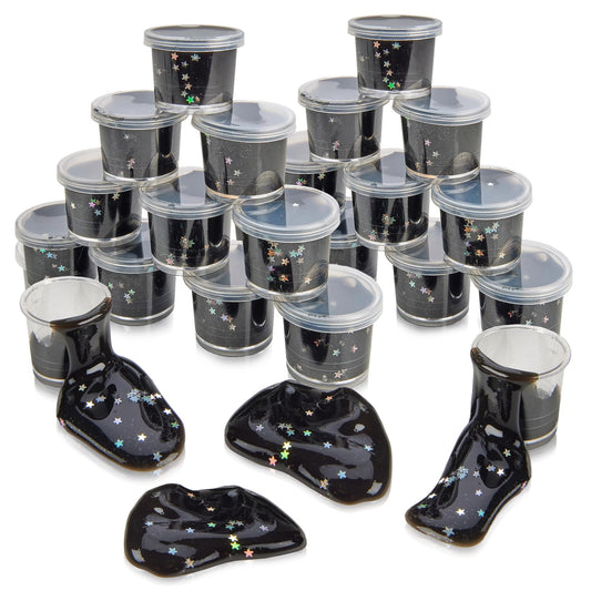 Playbees Black Nebula Slime 24-pack display for galaxy party favors and sensory play.
