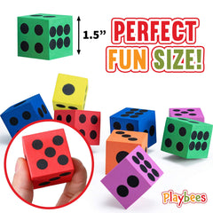 Playbees colorful foam dice for classroom counting and addition exercises.