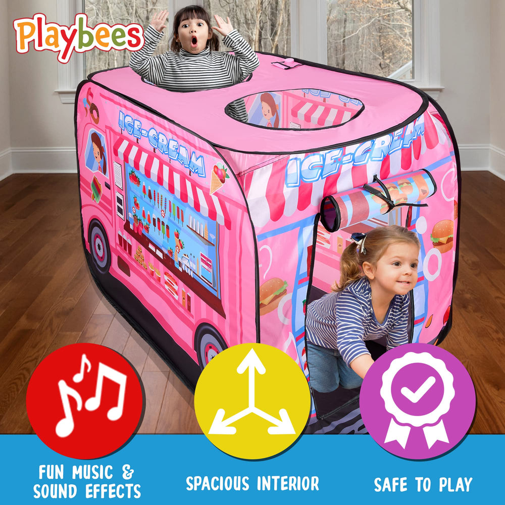 Playbees ice cream truck tent back flap detail eases entry and storage.