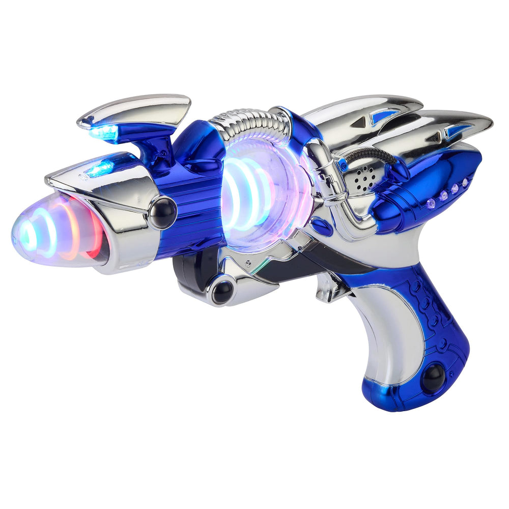 Playbees Light-Up Noise Blaster blue front view with vibrant lights for space adventures.