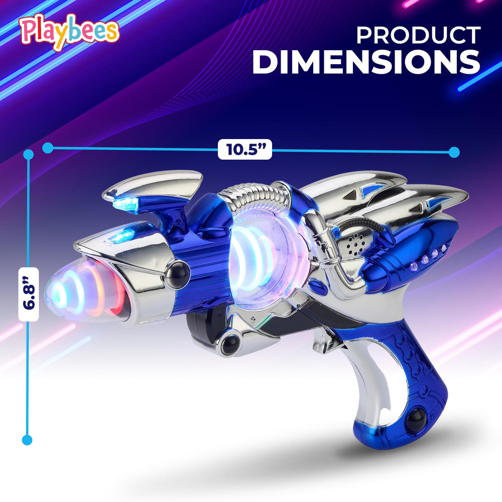 Playbees blue side-held blaster demonstrating portable, kid-friendly space play.
