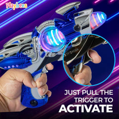 Playbees blue blaster with silver body showcases futuristic design for imaginative play.