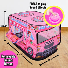 Playbees ice cream truck tent side view shows compact pop-up for indoor use.