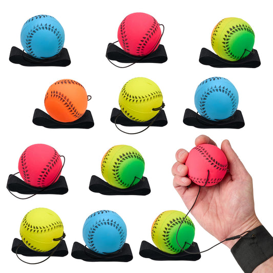Playbees neon wrist baseballs 12-pack with cords for easy solo practice.