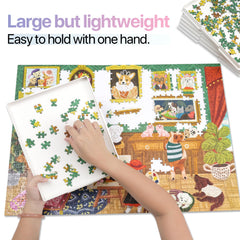 Playboda puzzle trays with lid stand, viewed at angle, for reference during puzzling.