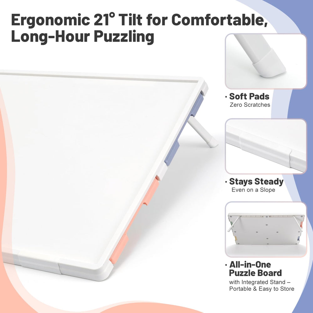Playboda tilting puzzle board built-in stand showing ergonomic tilt for comfortable puzzling.
