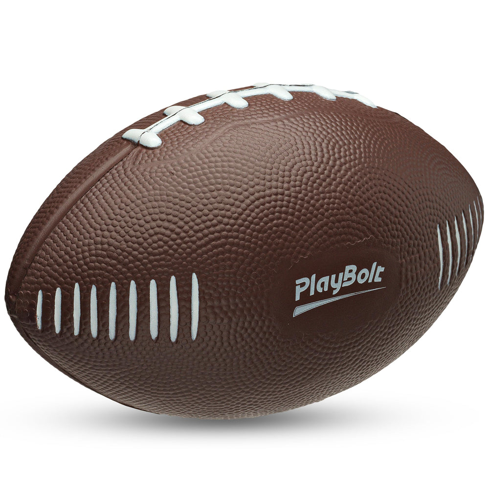 PlayBolt 7.25-inch brown foam football for safe toddler throwing and catching.