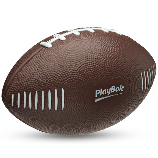 PlayBolt 7.25-inch brown foam football for safe toddler throwing and catching.