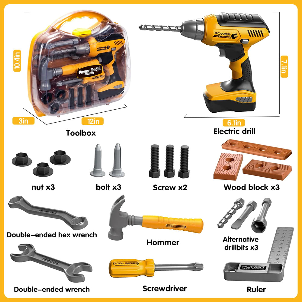 Playhiland interchangeable drill bits close-up showing versatile pretend tool options