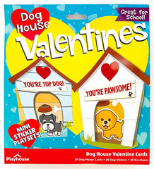 Playhouse Sticker Fun Dog House card pack shows 28 large cards with envelopes for classroom exchanges.