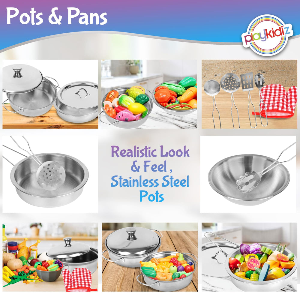 Playkidz child hands engaging in kitchen role-play with realistic cookware