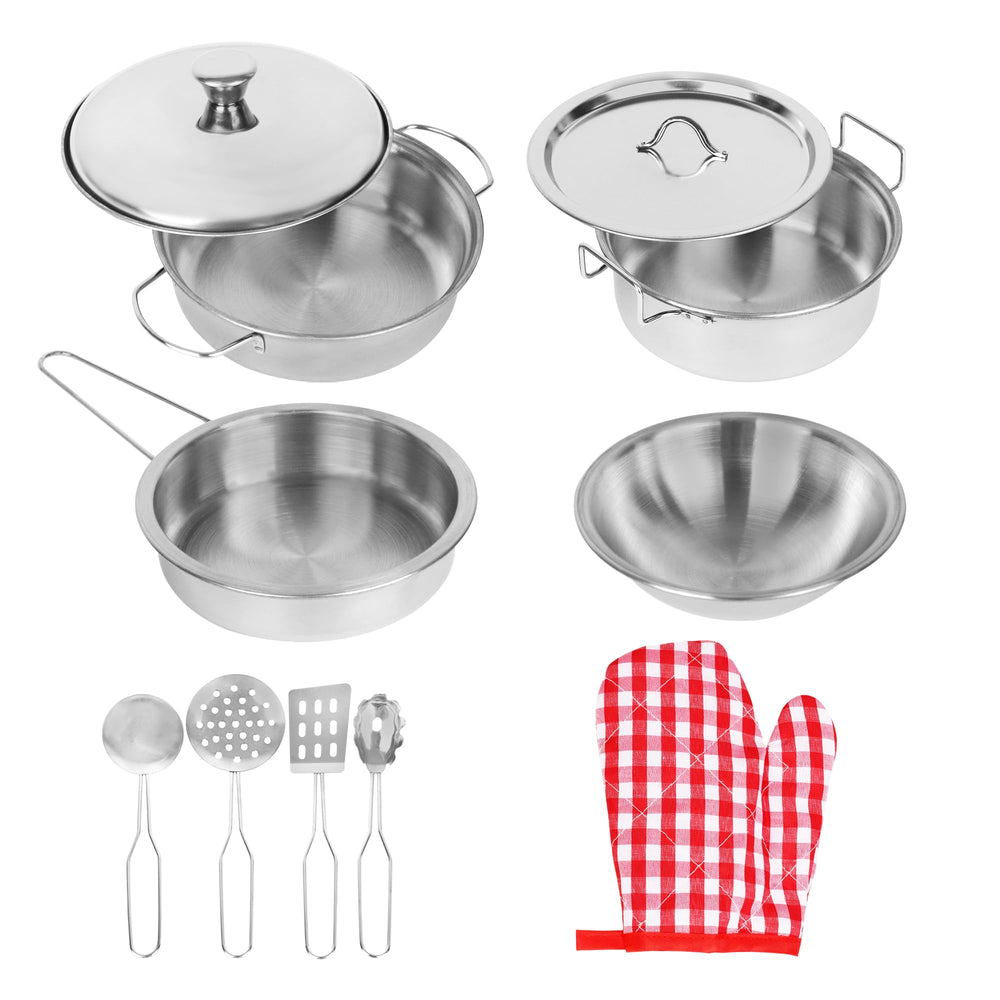 Playkidz realistic stainless steel dishes close-up for authentic pretend play