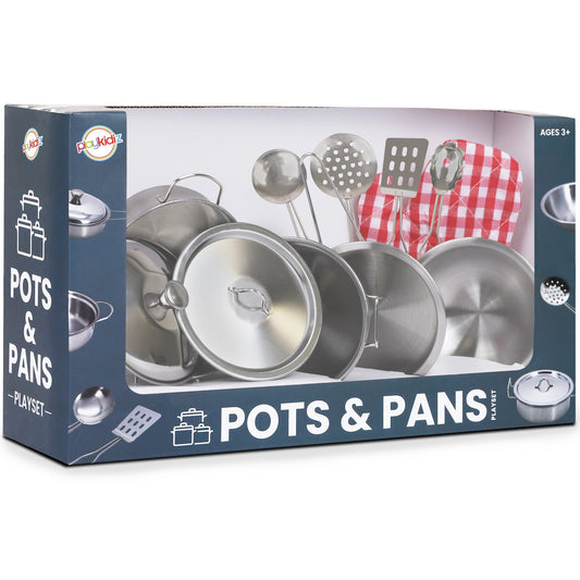 Playkidz stainless steel pots and pans 9-piece set for kids, durable pretend cookware