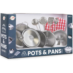 Playkidz stainless steel pots and pans 9-piece set for kids, durable pretend cookware