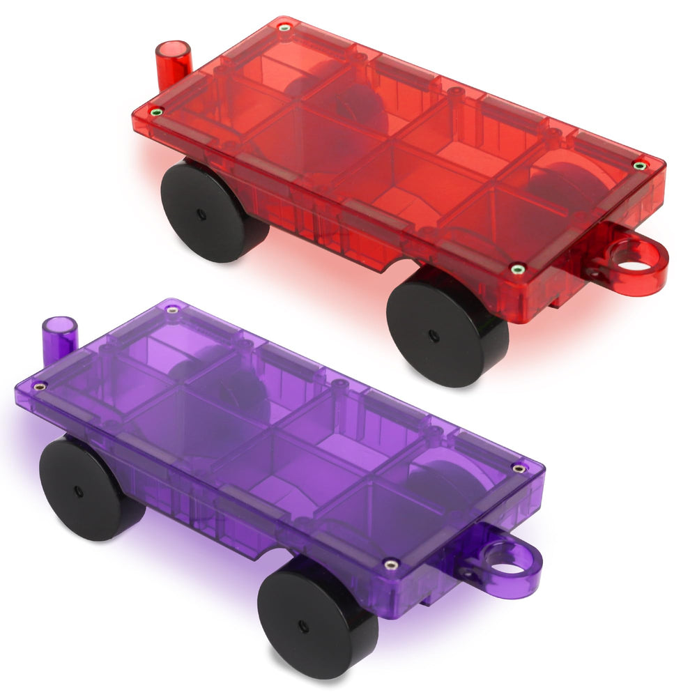 Playmags 2-piece car set close-up shows connected wheels and color tiles for creative play.
