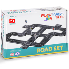 Playmags road tiles forming flexible tracks for creative city layouts.