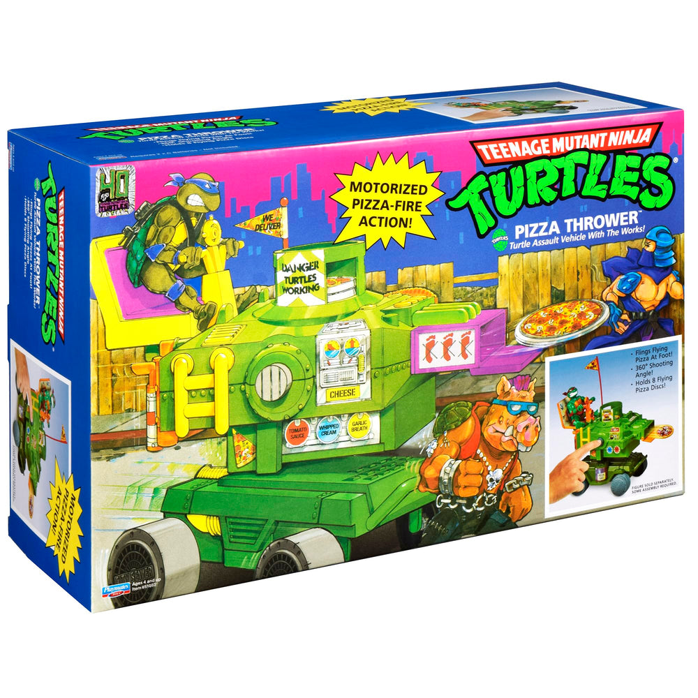PlayMates TMNT Pizza Thrower Vehicle packaging shows ready-to-play setup