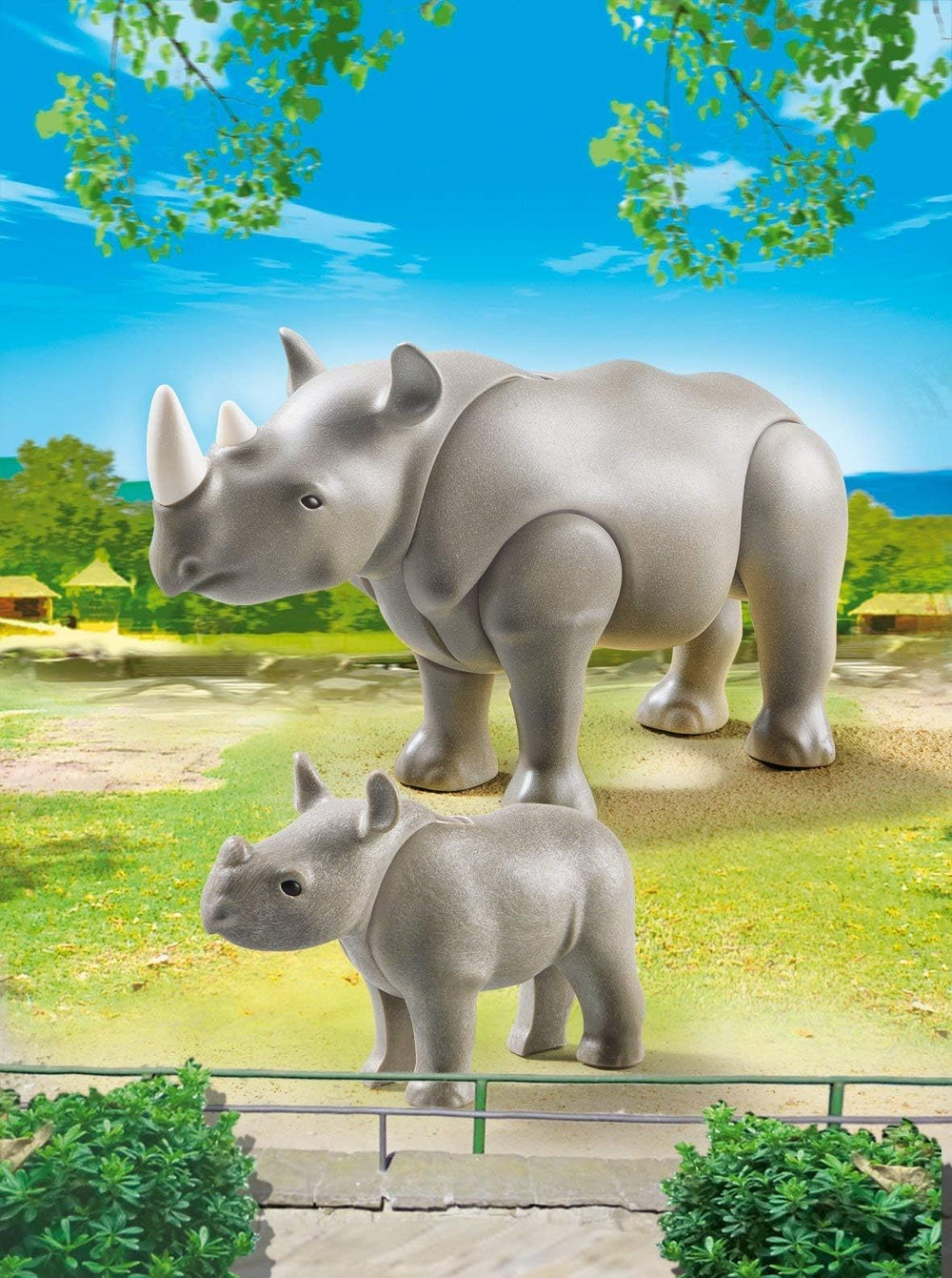 Playmobil rhino with baby close-up highlights detailed sculpting for pretend adventures.