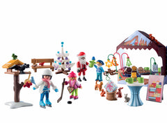 Playmobil Advent Calendar Trip to the Christmas Market features a Christmas tree for ambience.